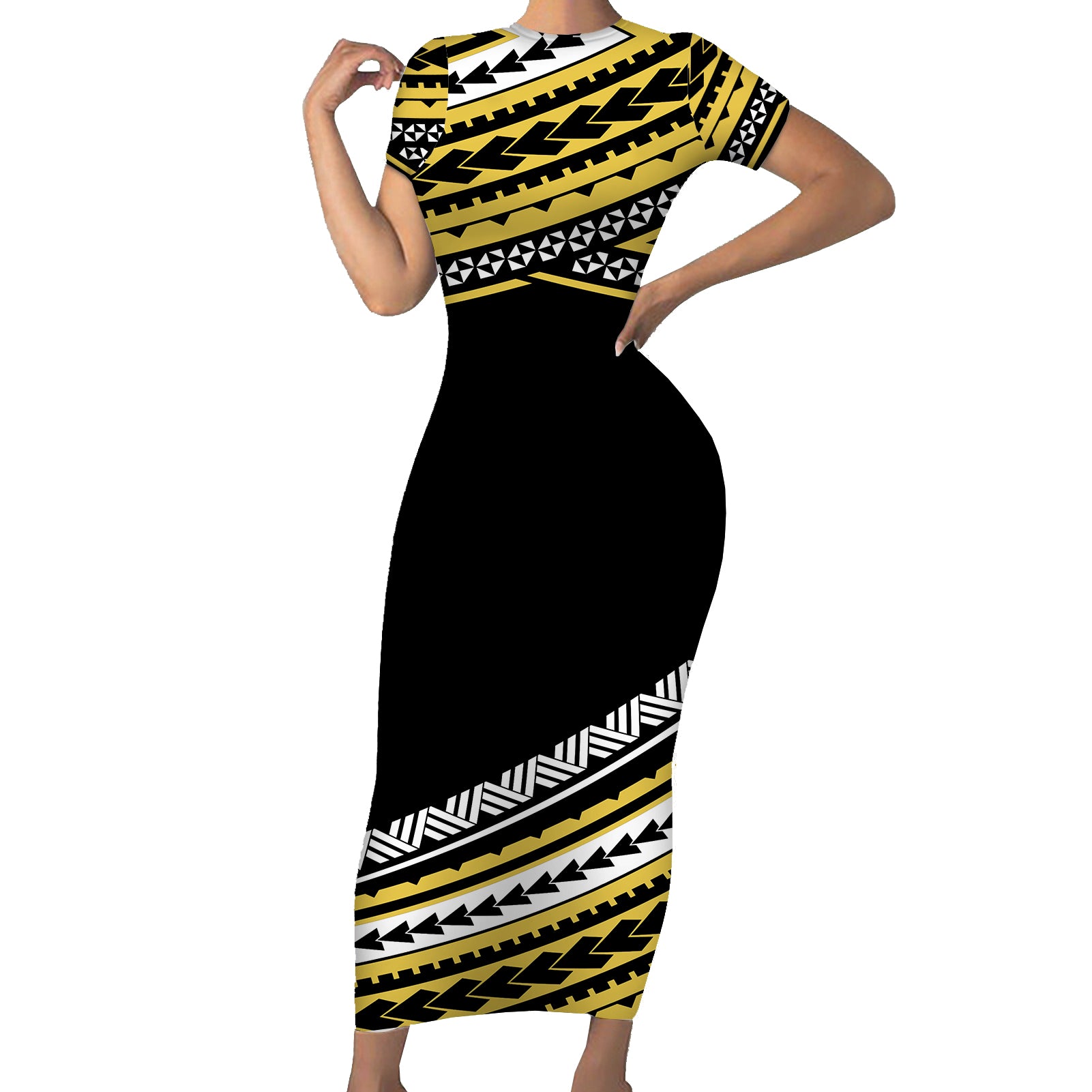 Polynesian Short Sleeve Body Long Dress Simple Gold No.2 LT6 Long Dress Gold - Polynesian Pride