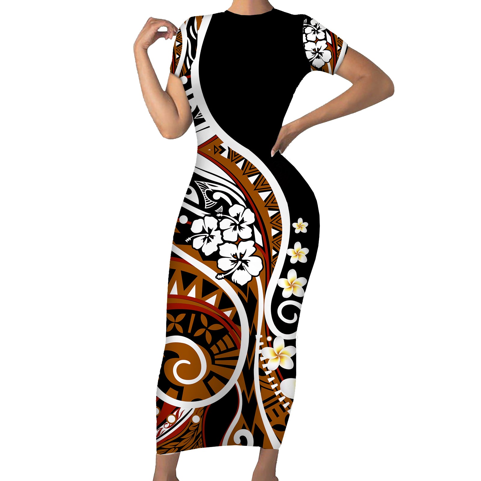 Plumeria Polynesian Short Sleeve Body Long Dress Trending Brown LT6 Long Dress Brown - Polynesian Pride