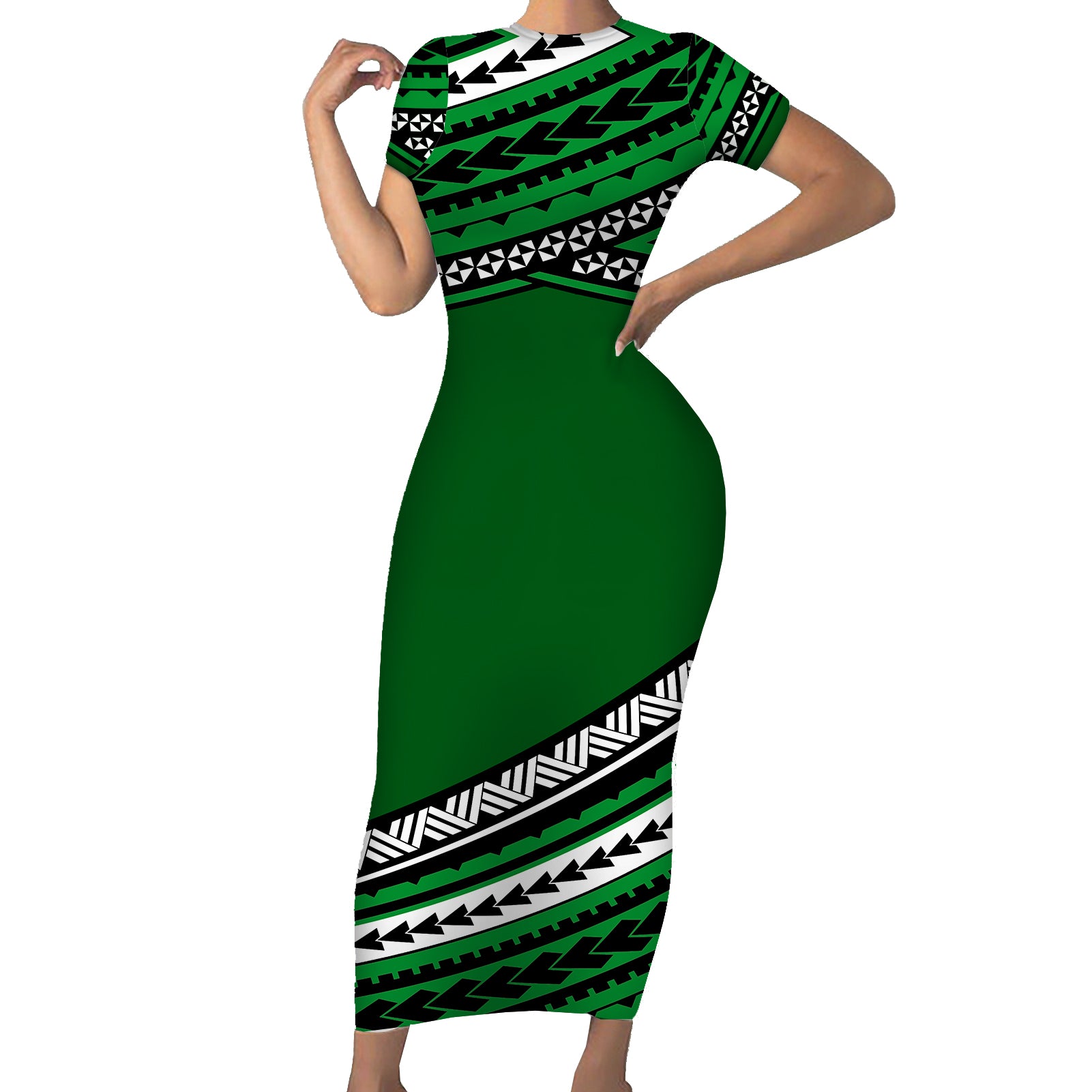 Polynesian Short Sleeve Body Long Dress Simple Green LT6 Long Dress Green - Polynesian Pride