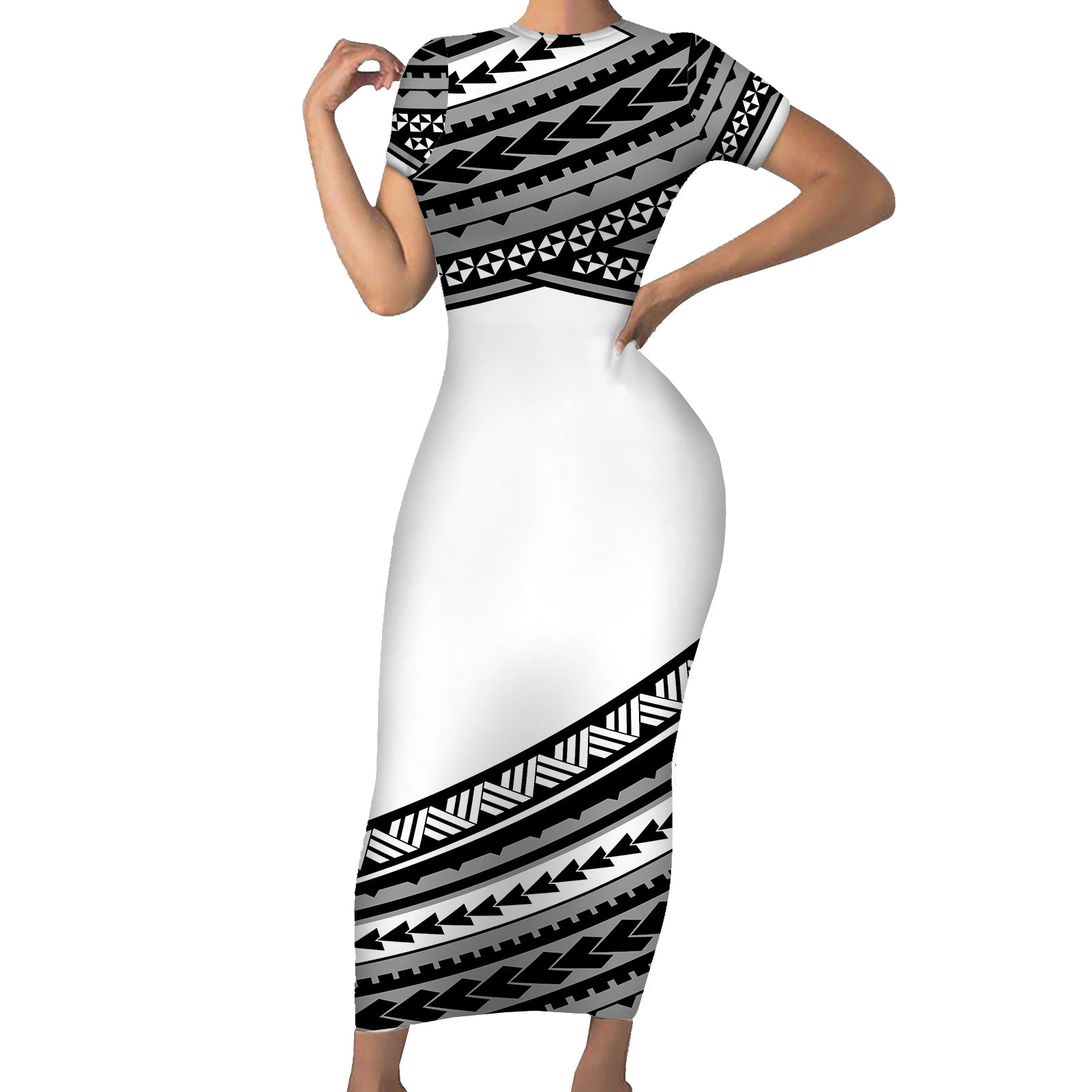 Polynesian Short Sleeve Body Long Dress Simple White LT6 Long Dress White - Polynesian Pride