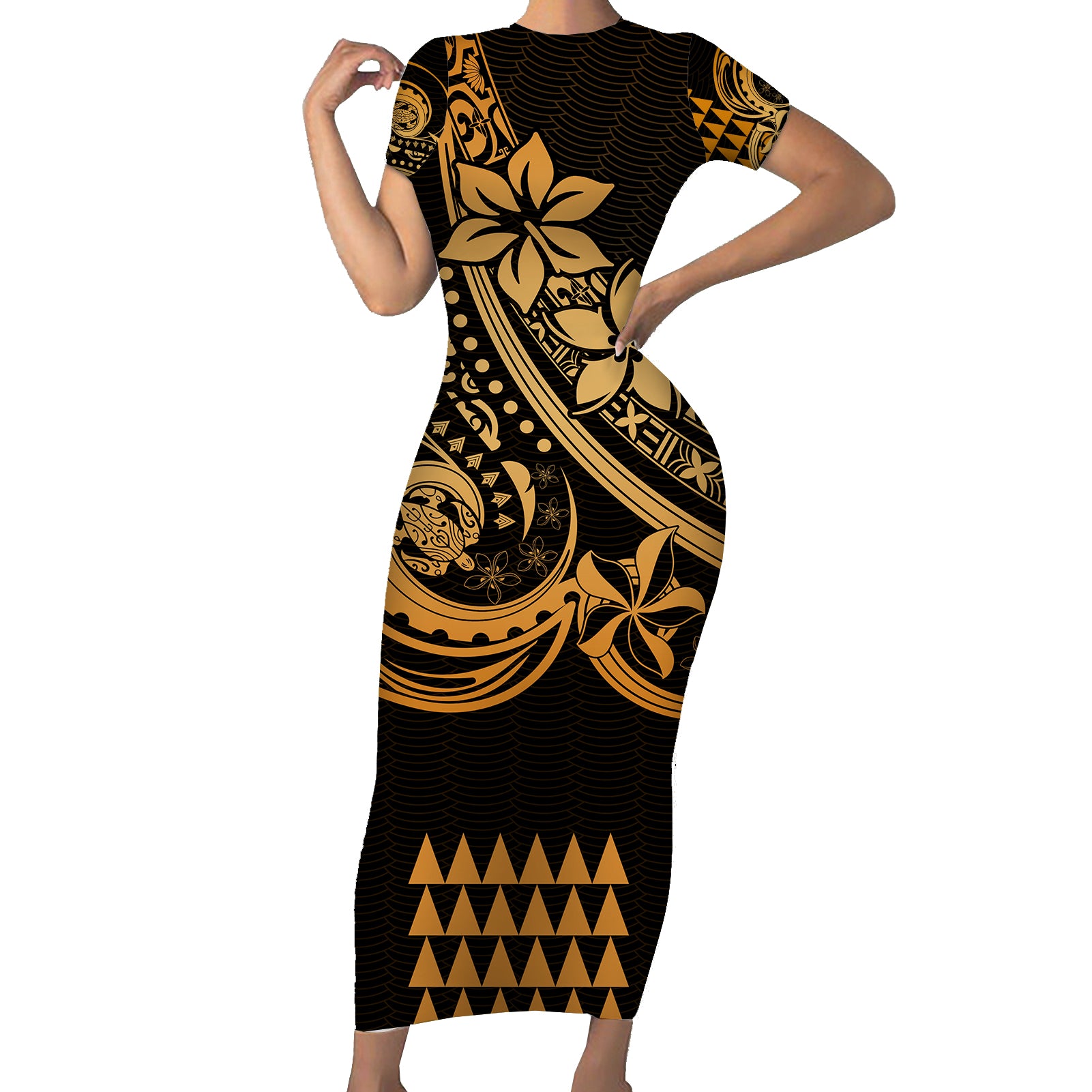 Kakau Hawaiian Polynesian Short Sleeve Body Long Dress Gold LT6 Long Dress Gold - Polynesian Pride