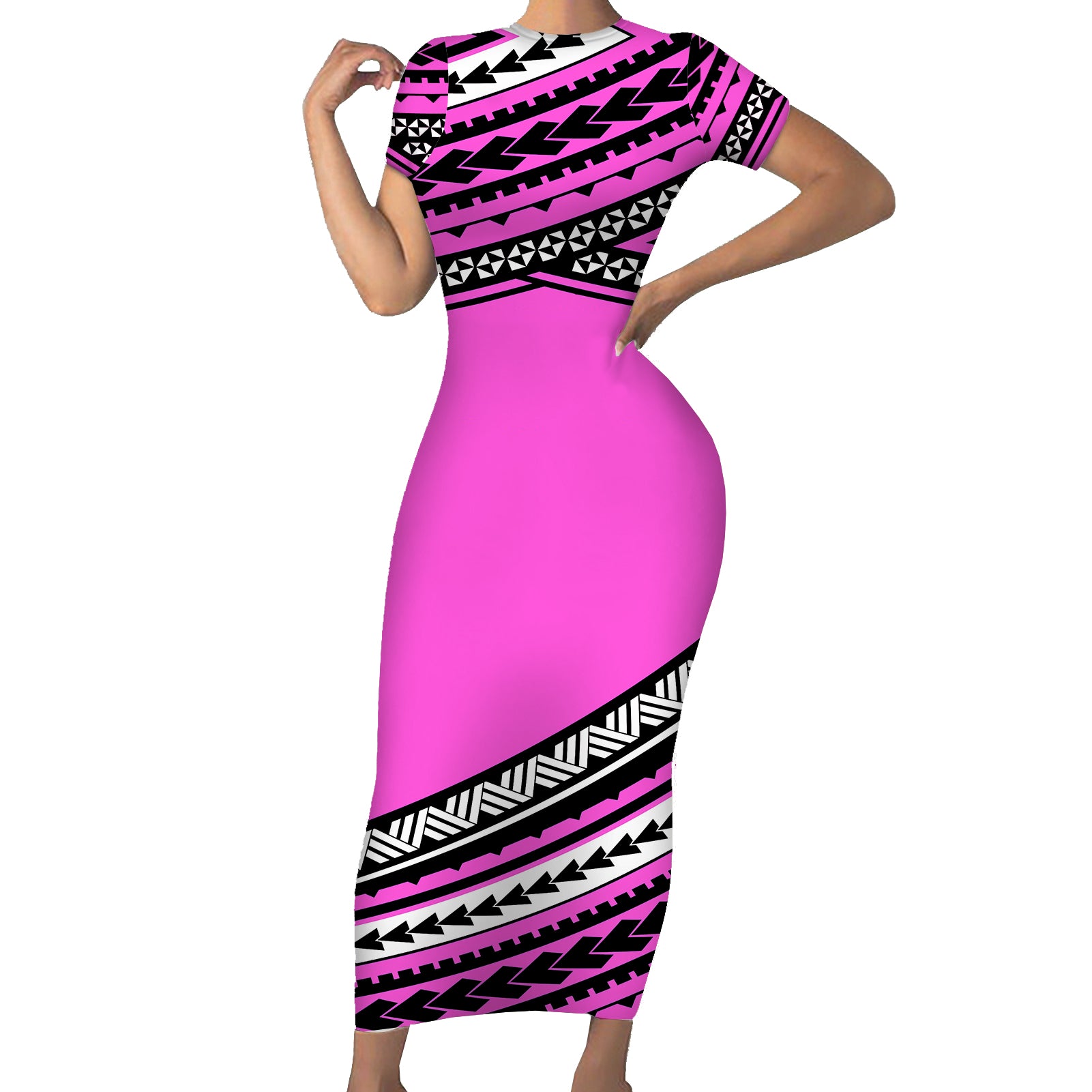 Polynesian Short Sleeve Body Long Dress Simple Pink LT6 Long Dress Pink - Polynesian Pride