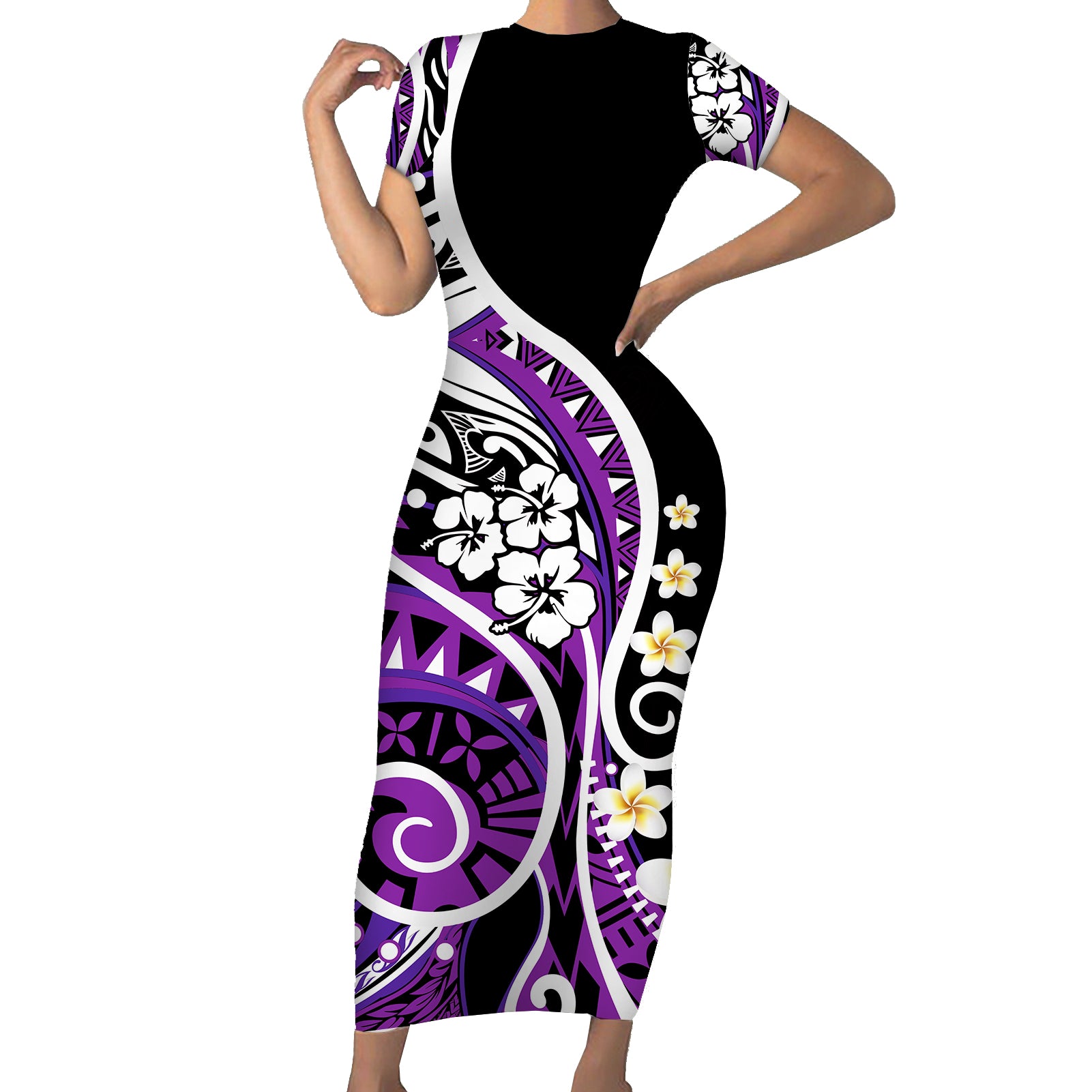 Plumeria Polynesian Short Sleeve Body Long Dress Trending Purple LT6 Long Dress Purple - Polynesian Pride