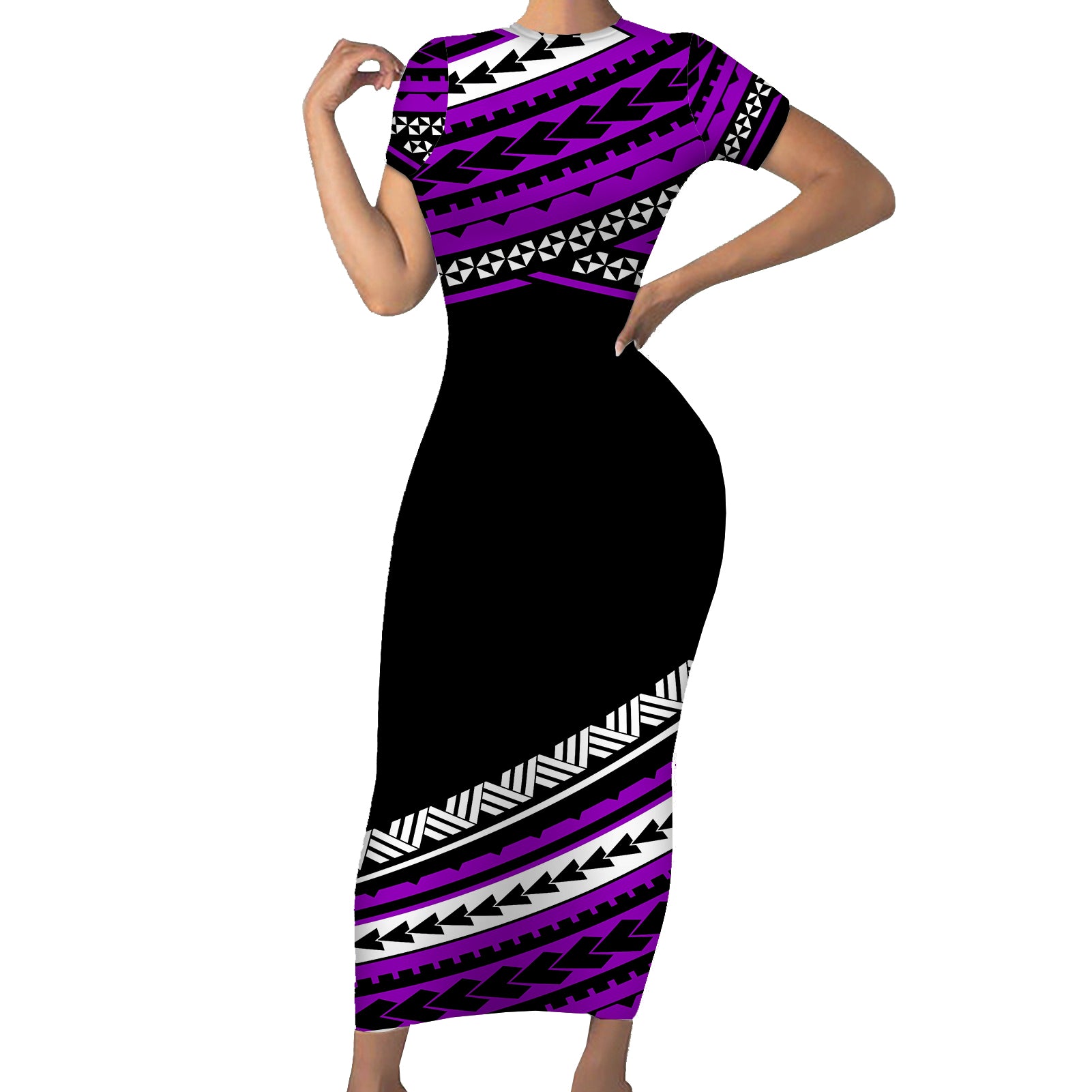 Polynesian Short Sleeve Body Long Dress Simple Purple No.1 LT6 Long Dress Purple - Polynesian Pride