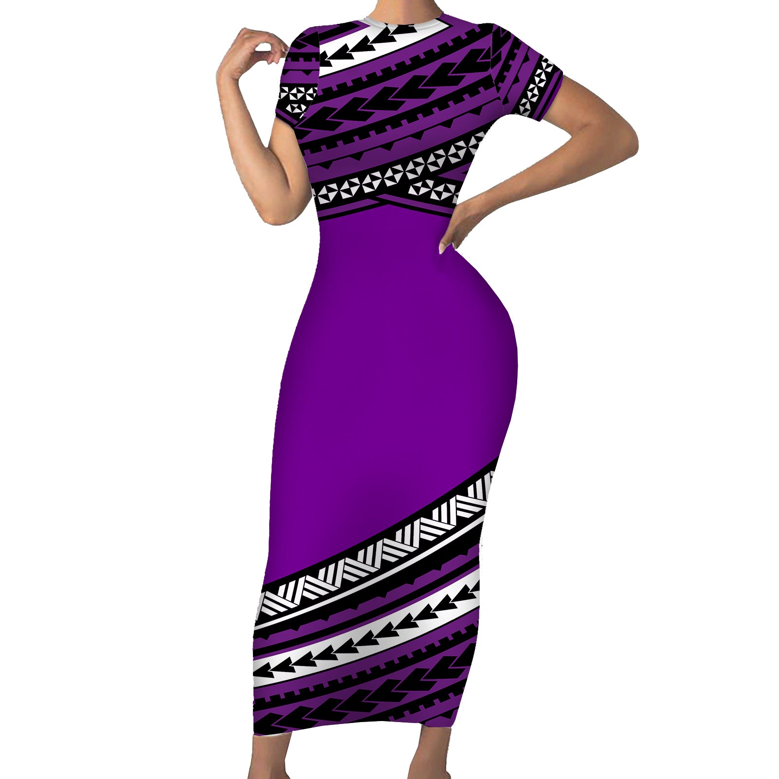 Polynesian Short Sleeve Body Long Dress Simple Purple No.2 LT6 Long Dress Purple - Polynesian Pride