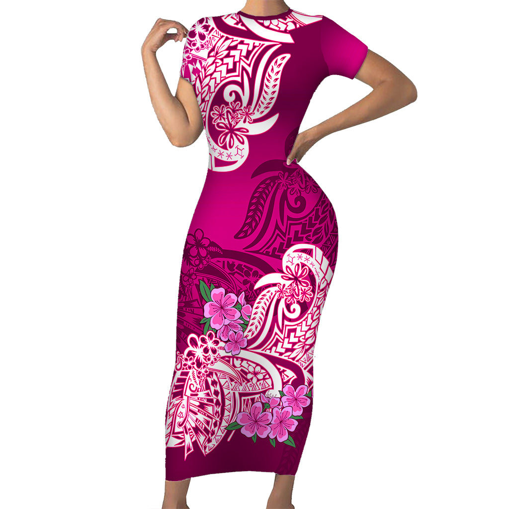 Polynesian Floral Tribal Short Sleeve Body Long Dress Pink LT9 - Polynesian Pride