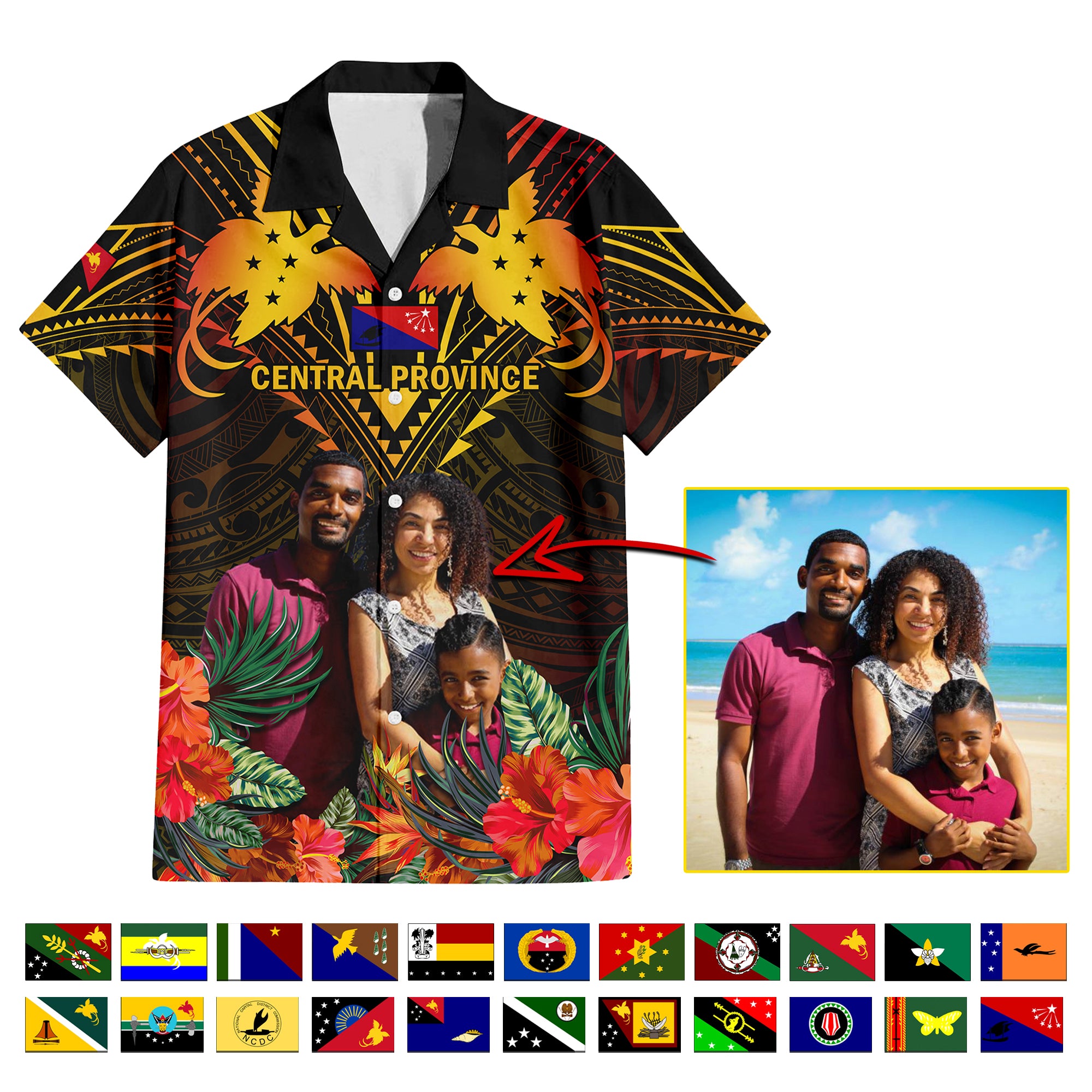 Custom Photo Papua New Guinea Provinces Hawaiian Shirt Flag With Polynesian Tropical Flowers CTM14 Unisex - Polynesian Pride