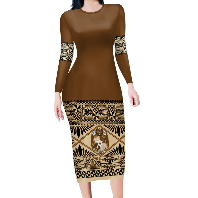 Personalised Tonga Independence Day Long Sleeves Bodycon Dress Ngatu Tapa Style LT7 Women Brown - Polynesian Pride