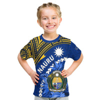 Nauru Coat of Arms T Shirt Polynesian With Frigatebird LT9 Kid Blue - Polynesian Pride