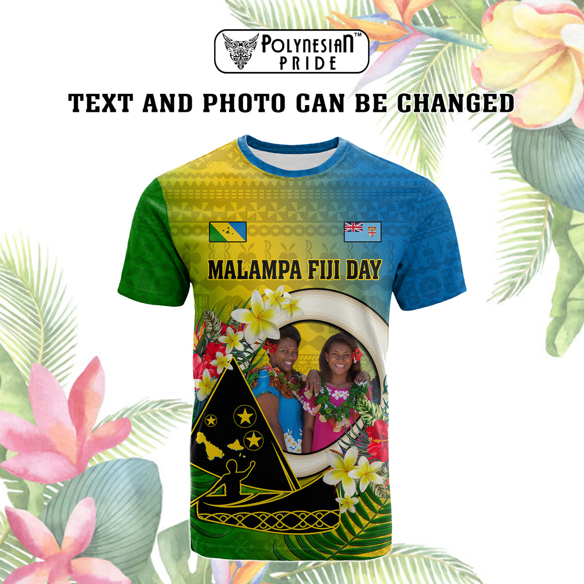 Custom Photo Malampa Fiji Day T Shirt Together We Grow Coat Of Arms Tropical Flowers CTM14