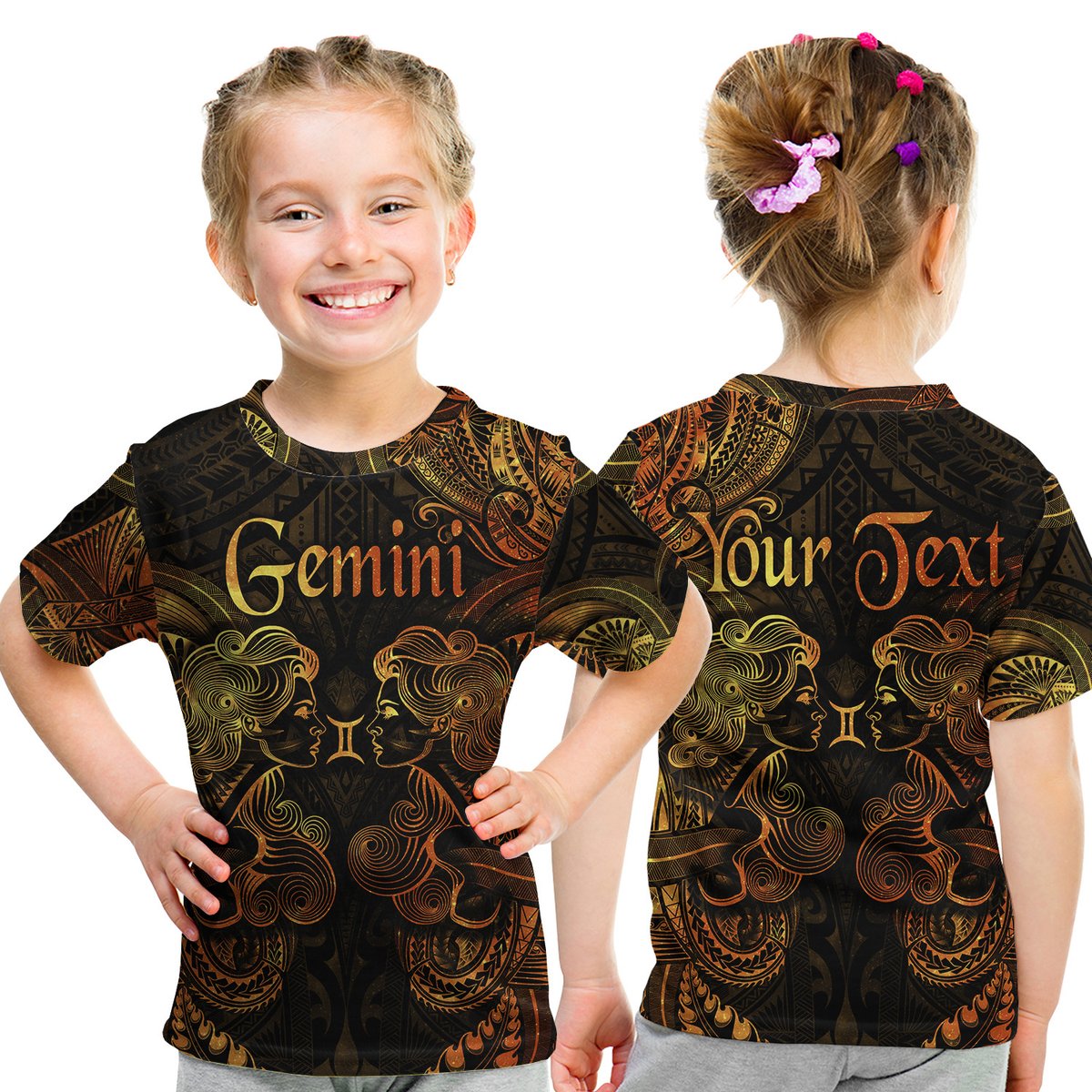 (Custom Personalised) Gemini Zodiac Polynesian T Shirt Kid Unique Style - Gold LT8 Youth XL Size14 - Polynesian Pride
