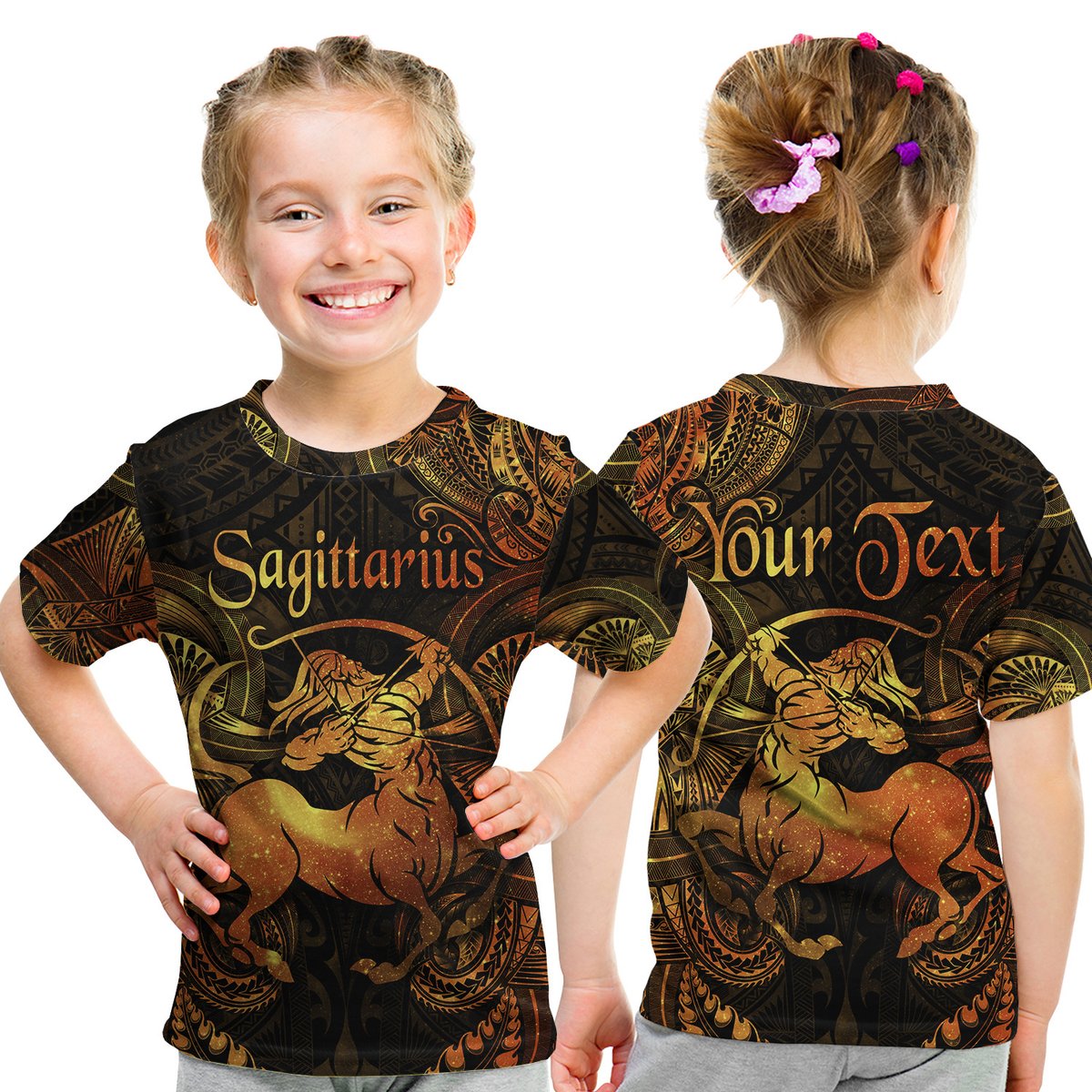 (Custom Personalised) Sagittarius Zodiac Polynesian T Shirt Kid Unique Style - Gold LT8 Youth XL Size14 - Polynesian Pride