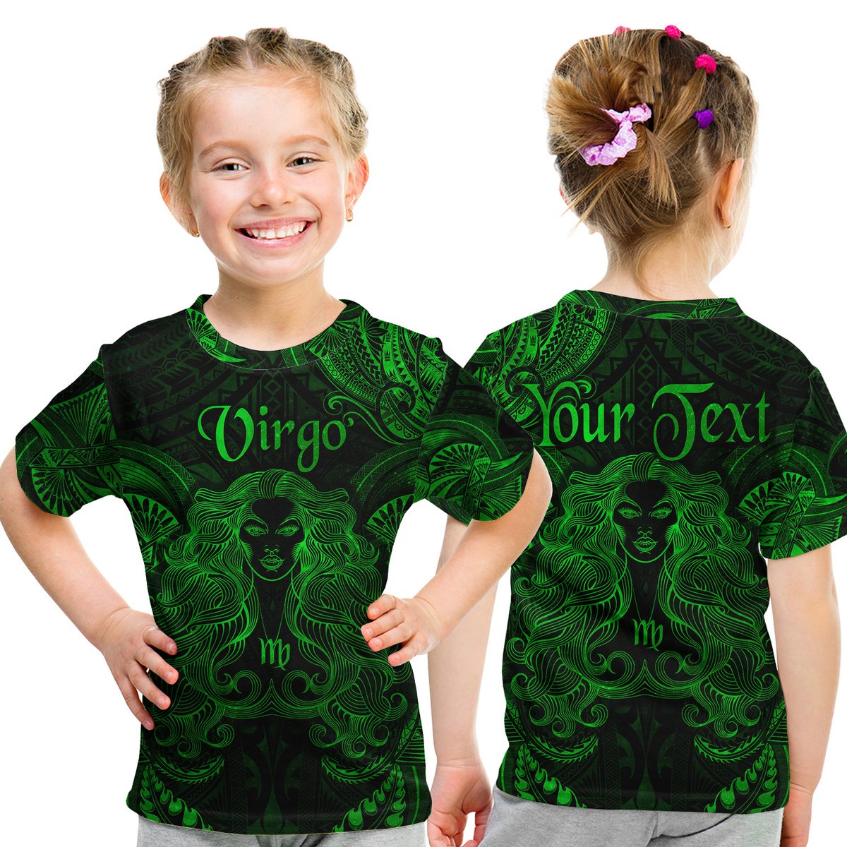 (Custom Personalised) Virgo Zodiac Polynesian T Shirt Kid Unique Style - Green LT8 Youth XL Size14 - Polynesian Pride