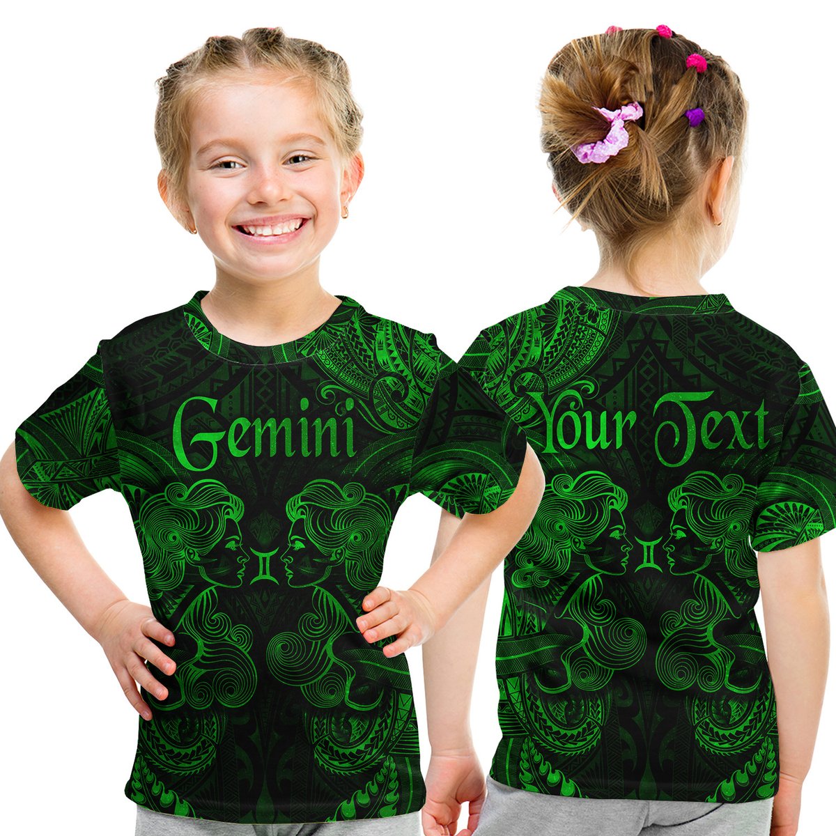 (Custom Personalised) Gemini Zodiac Polynesian T Shirt Kid Unique Style - Green LT8 Youth XL Size14 - Polynesian Pride