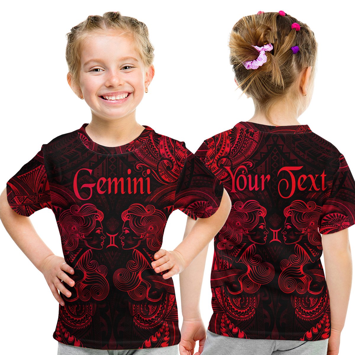 (Custom Personalised) Gemini Zodiac Polynesian T Shirt Kid Unique Style - Red LT8 Youth XL Size14 - Polynesian Pride