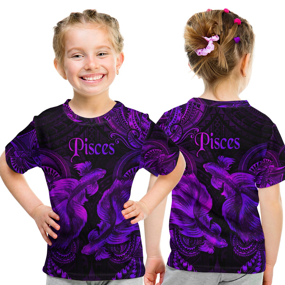 Pisces Zodiac Polynesian T Shirt Kid Unique Style - Purple LT8 Youth XL Size14 - Polynesian Pride