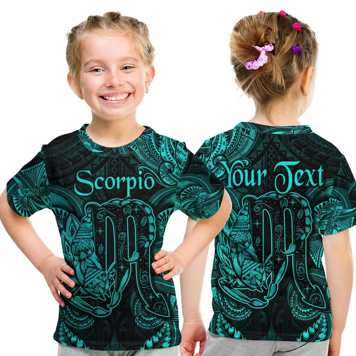 (Custom Personalised) Scorpio Zodiac Polynesian T Shirt Kid Unique Style - Turquoise LT8 Youth XL Size14 - Polynesian Pride