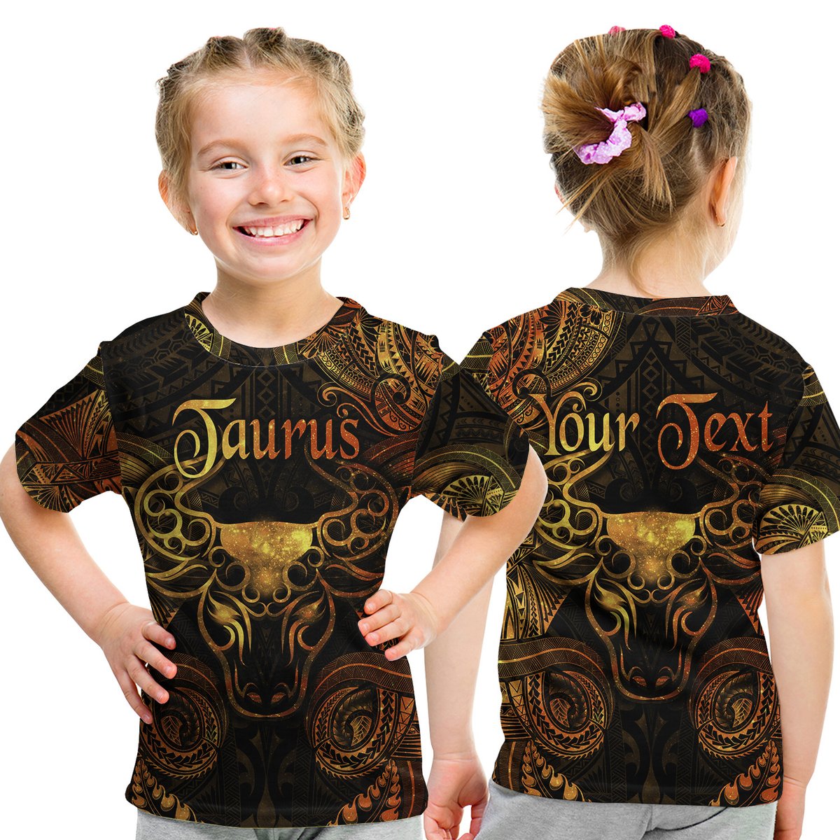 (Custom Personalised) Taurus Zodiac Polynesian T Shirt Kid Unique Style - Gold LT8 Youth XL Size14 - Polynesian Pride