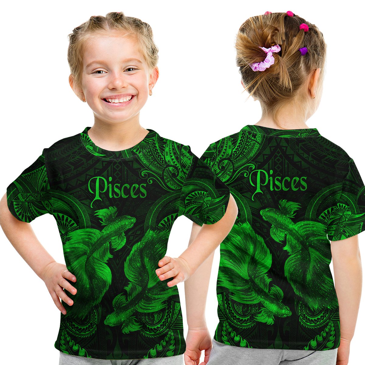 Pisces Zodiac Polynesian T Shirt Kid Unique Style - Green LT8 Youth XL Size14 - Polynesian Pride