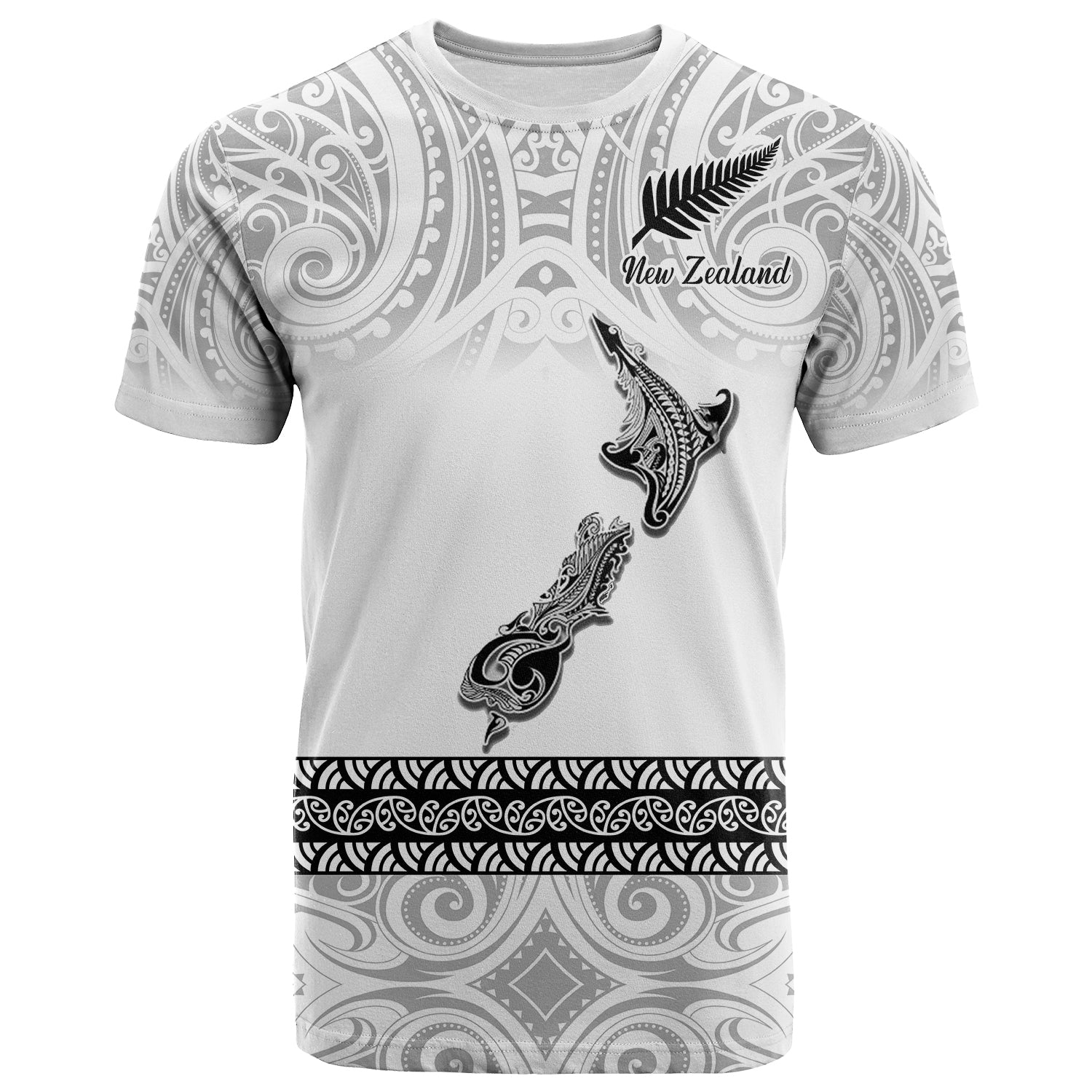 Custom New Zealand T Shirt Maori Fern and Map White RLT14 Unisex White - Polynesian Pride