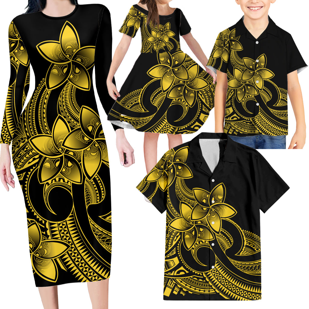 Polynesian Matching Outfit For Family Plumeria Flowers Long Sleeve Bodycon Dress Hawaiian Shirt Polynesian Tribal Yellow Vibe LT9 - Polynesian Pride