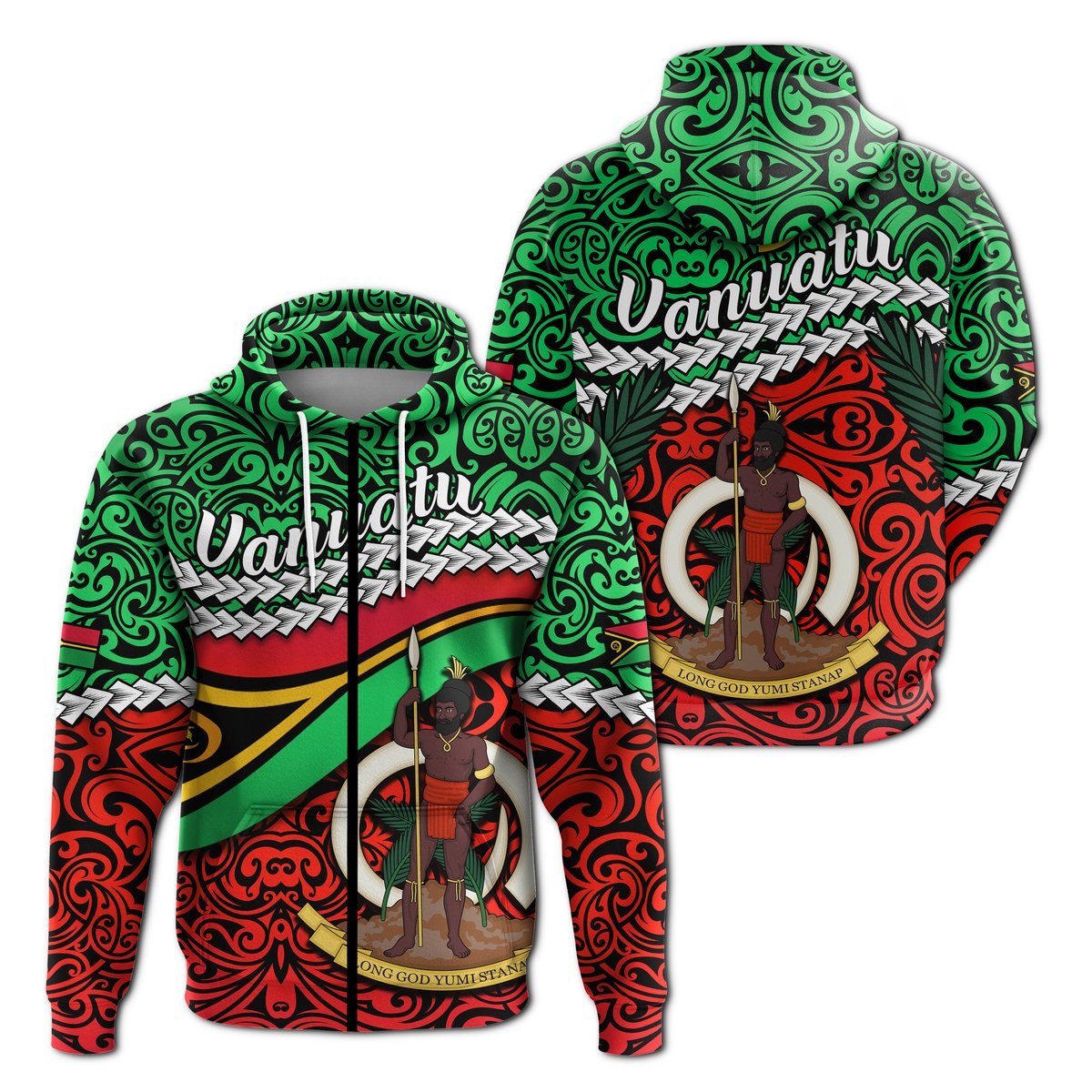 Proud Vanuatu Zip Hoodie Pattern Mix Flag LT13 Unisex Green - Polynesian Pride
