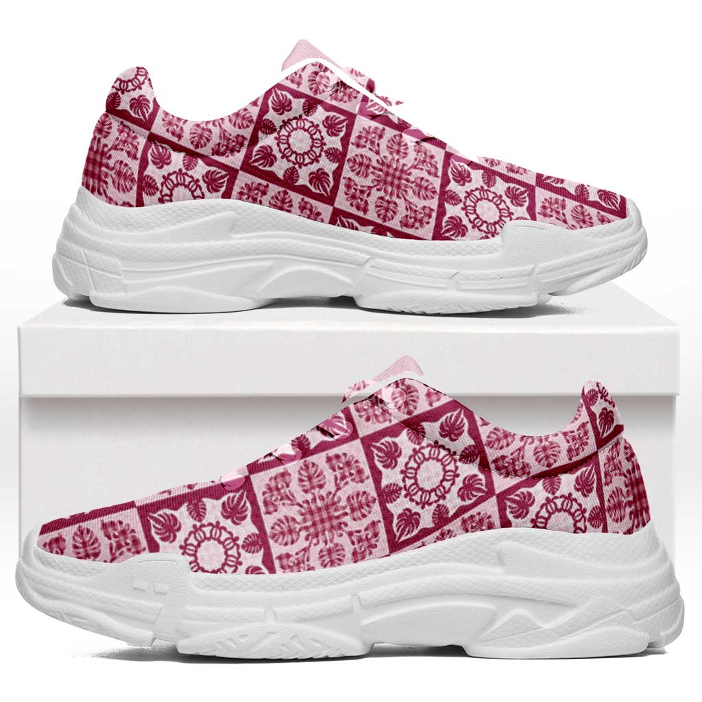 Akala Palaka Quilt Hawaii Chunky Sneakers Hawaiian Tropical Monstera Sea Turtle LT14 Pink - Polynesian Pride