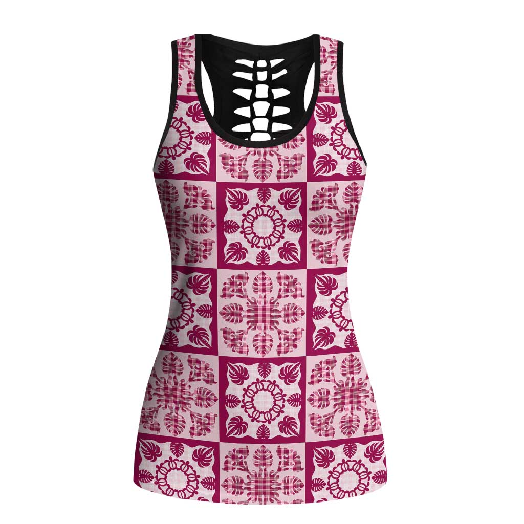 Akala Palaka Quilt Hawaii Hollow Tank Top Hawaiian Tropical Monstera Sea Turtle LT14 Female Pink - Polynesian Pride