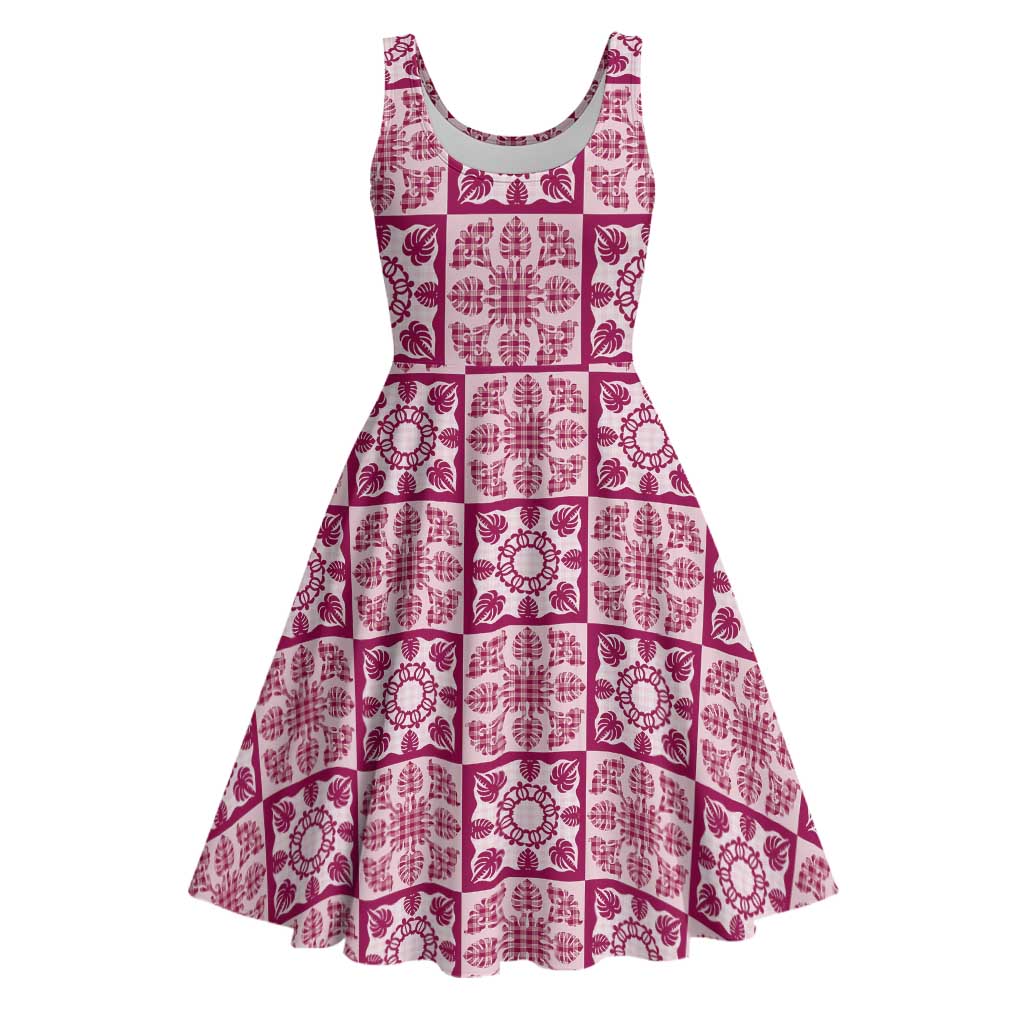 Akala Palaka Quilt Hawaii Midi Dress Hawaiian Tropical Monstera Sea Turtle LT14 Pink - Polynesian Pride