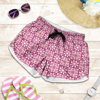 Akala Palaka Quilt Hawaii Shorts for Women Hawaiian Tropical Monstera Sea Turtle LT14 Pink - Polynesian Pride