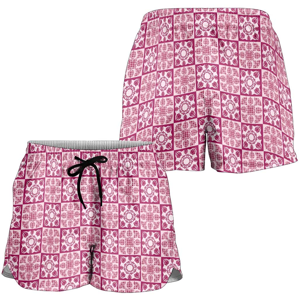 Akala Palaka Quilt Hawaii Shorts for Women Hawaiian Tropical Monstera Sea Turtle LT14 - Polynesian Pride