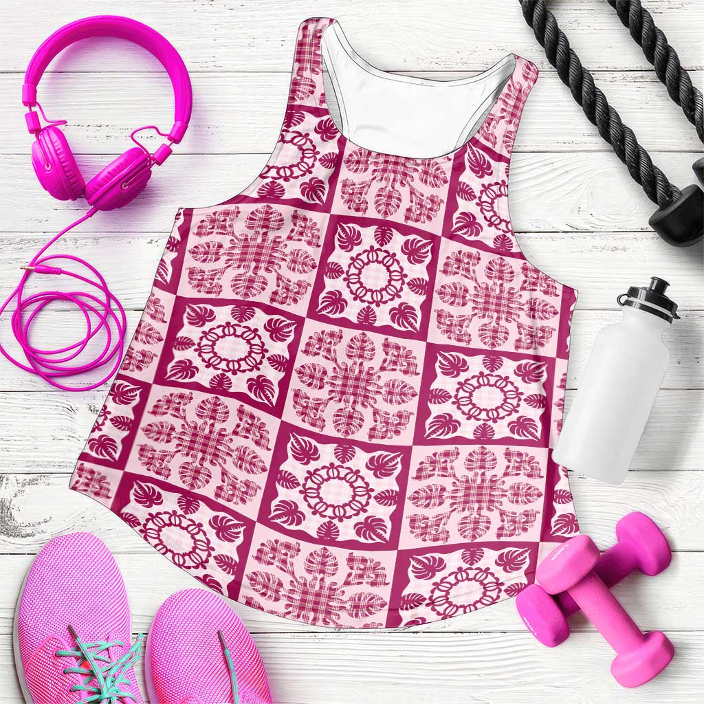 Akala Palaka Quilt Hawaii Women Racerback Tank Hawaiian Tropical Monstera Sea Turtle LT14 Pink - Polynesian Pride