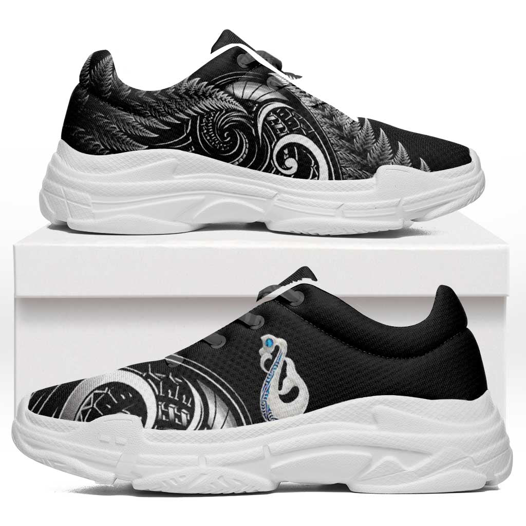 All Black New Zealand Chunky Sneakers Aotearoa Silver Fern With Manaia Maori Unique LT14 Black - Polynesian Pride
