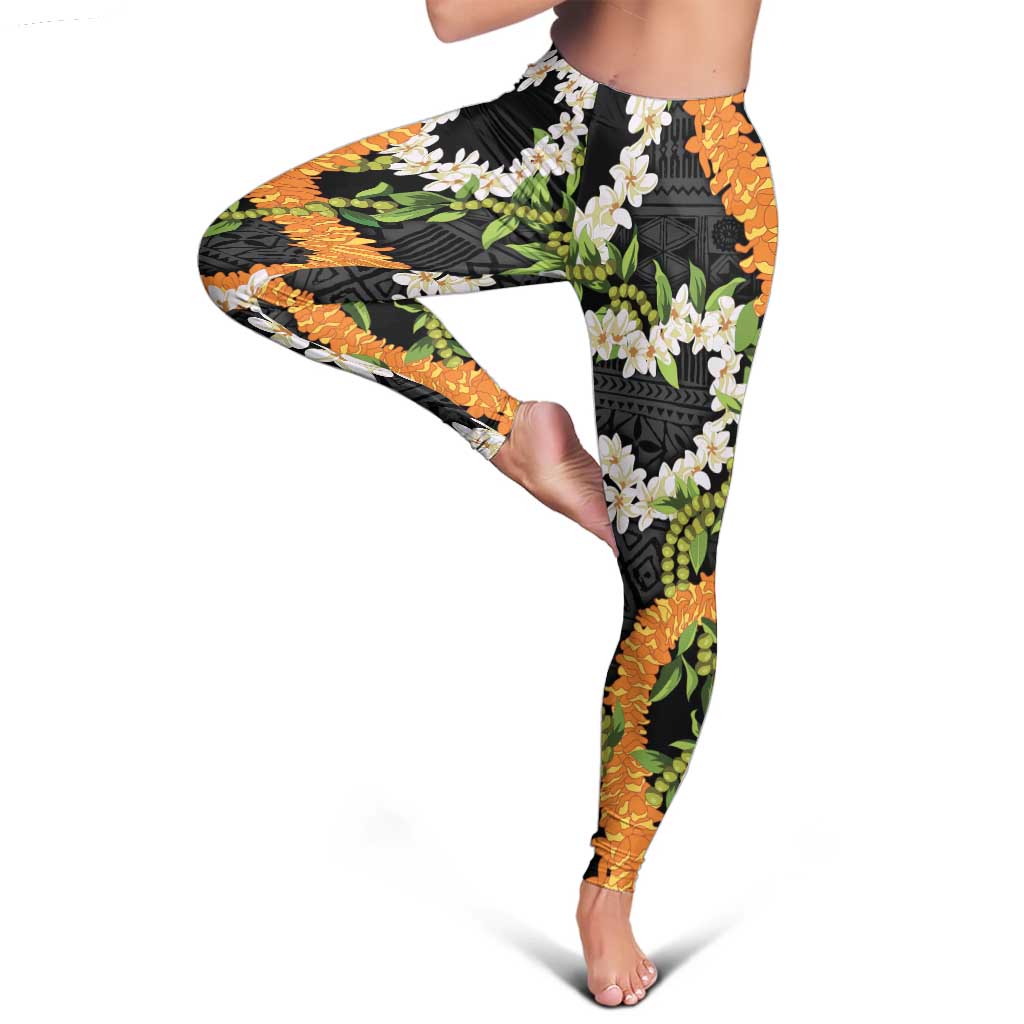 Aloha Festive Hawaii Leggings Mokihana - Maile and Ilima on Black - Polynesian Pride