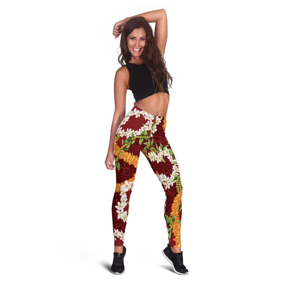 Aloha Festive Hawaii Leggings Mokihana - Maile and Ilima on Crimson - Polynesian Pride