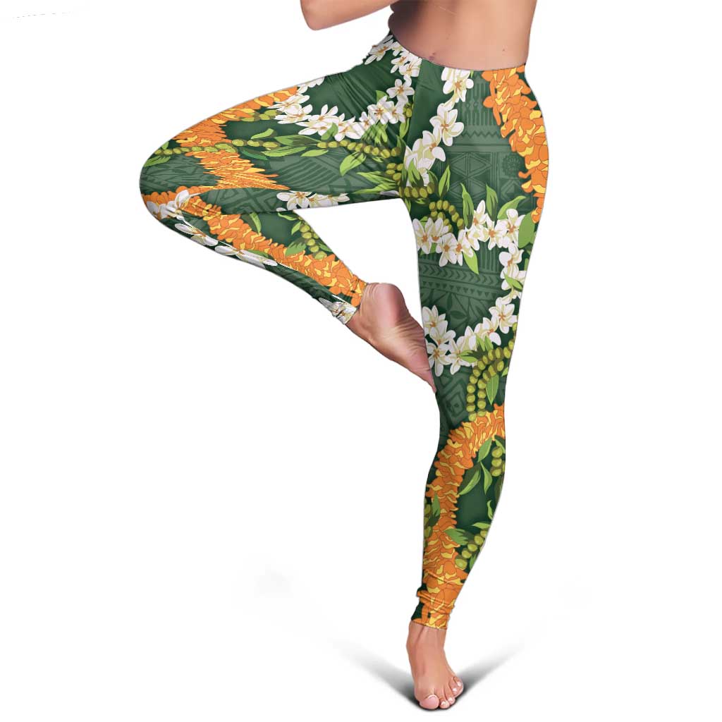 Aloha Festive Hawaii Leggings Mokihana - Maile and Ilima on Forest Green - Polynesian Pride