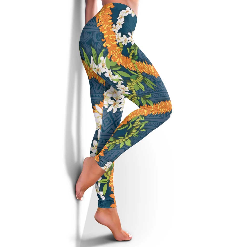 Aloha Festive Hawaii Leggings Mokihana - Maile and Ilima on Navy Blue - Polynesian Pride