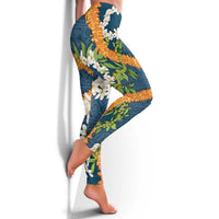 Aloha Festive Hawaii Leggings Mokihana - Maile and Ilima on Navy Blue - Polynesian Pride