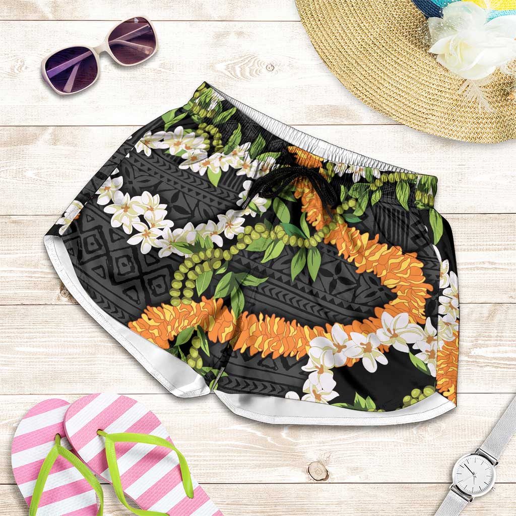 Aloha Festive Hawaii Shorts for Women Mokihana - Maile and Ilima on Black - Polynesian Pride