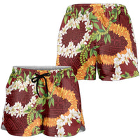 Aloha Festive Hawaii Shorts for Women Mokihana - Maile and Ilima on Crimson - Polynesian Pride