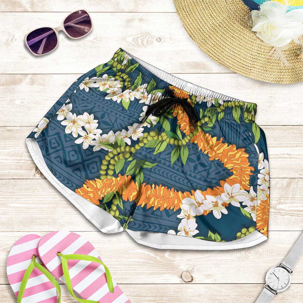 Aloha Festive Hawaii Shorts for Women Mokihana - Maile and Ilima on Navy Blue - Polynesian Pride