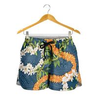 Aloha Festive Hawaii Shorts for Women Mokihana - Maile and Ilima on Navy Blue - Polynesian Pride