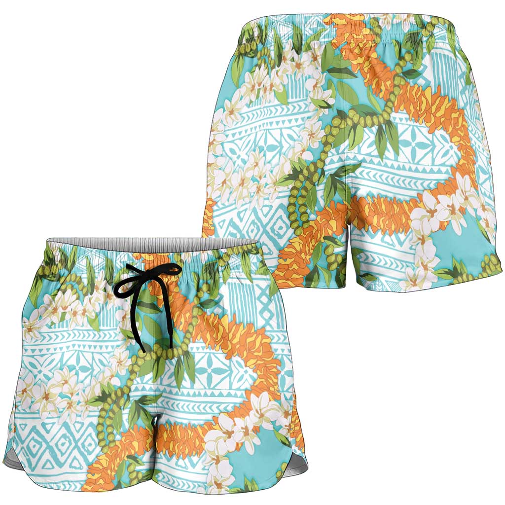Aloha Festive Hawaii Shorts for Women Mokihana - Maile and Ilima on Turquoise - Polynesian Pride