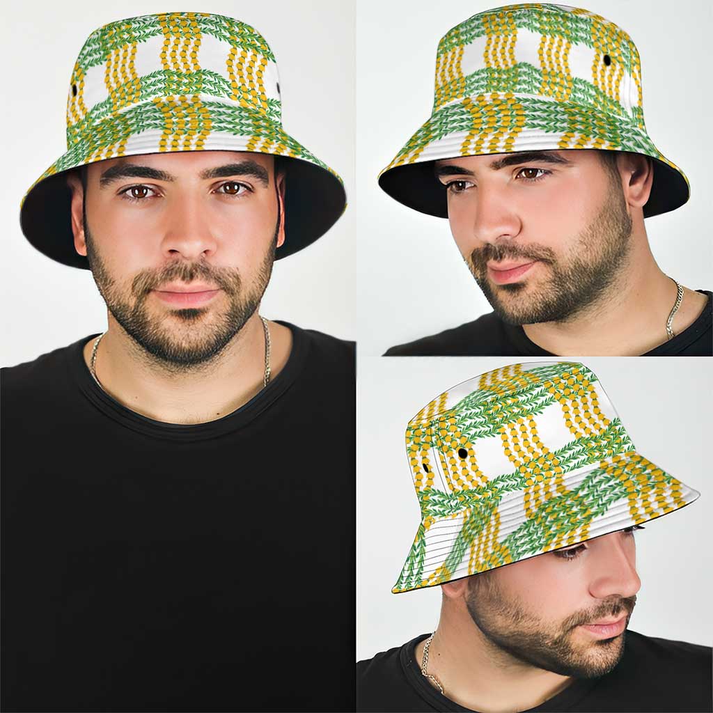 Aloha Hawaii Ilima Maile Lei Bucket Hat Palaka Inspired Hawaiian-plaid White