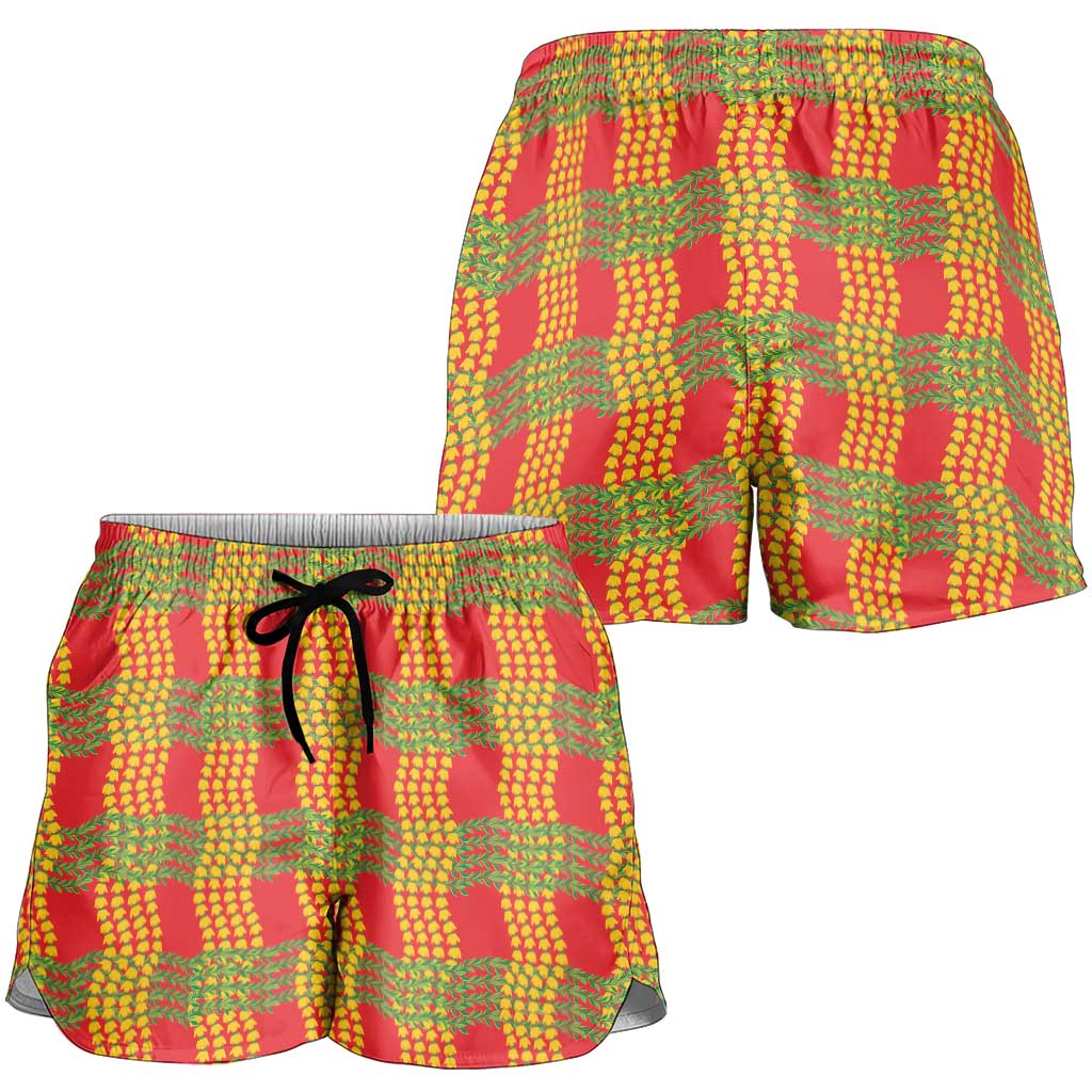 Aloha Hawaii Ilima Maile Lei Shorts for Women Palaka Inspired Hawaiian-plaid Red