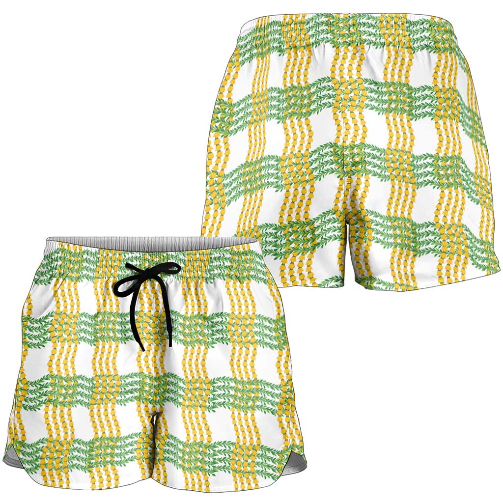Aloha Hawaii Ilima Maile Lei Shorts for Women Palaka Inspired Hawaiian-plaid White