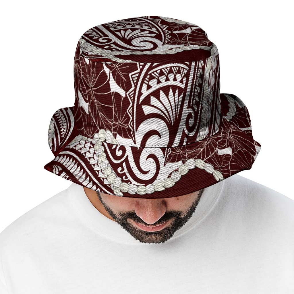 Aloha Hawaii Kalo Pikake Lei Bucket Hat Chest Tattoo Oxblood Hawaiian Pattern LT14 - Polynesian Pride