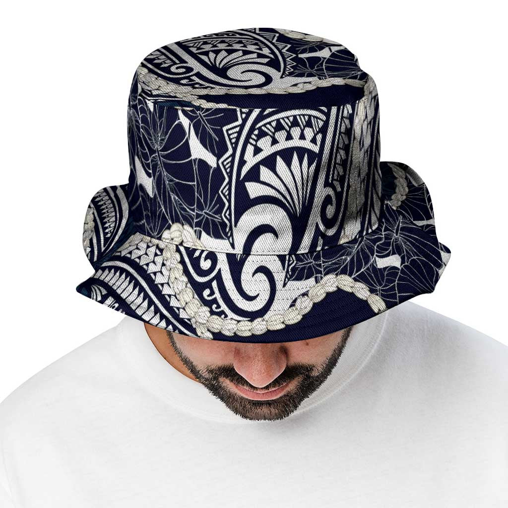 Aloha Hawaii Kalo Pikake Lei Bucket Hat Chest Tattoo Oxford Blue Hawaiian Pattern LT14 - Polynesian Pride