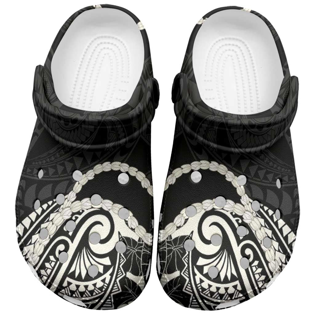 Aloha Hawaii Kalo Pikake Lei Clogs Shoes Chest Tattoo Black Hawaiian Pattern
