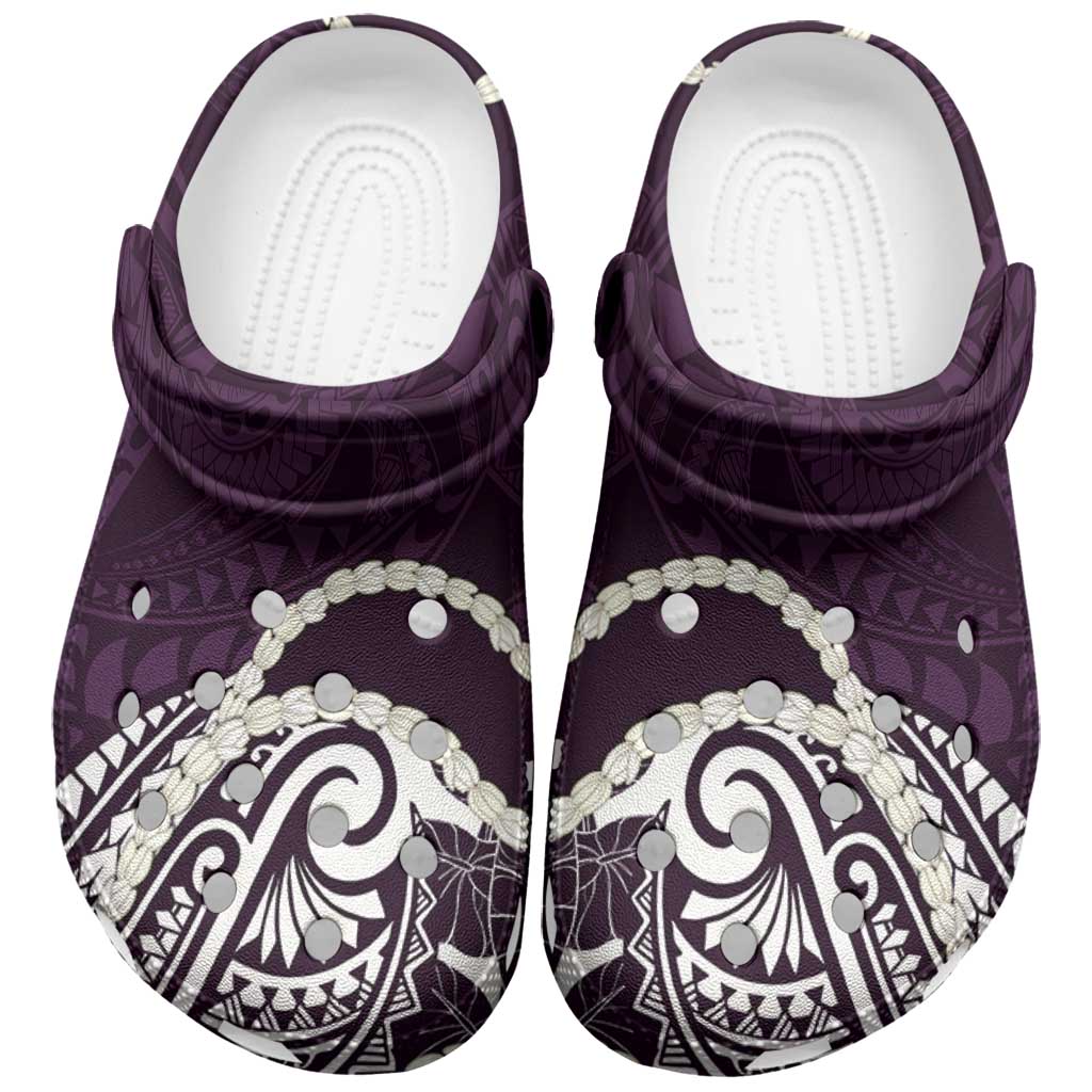 Aloha Hawaii Kalo Pikake Lei Clogs Shoes Chest Tattoo Purple Hawaiian Pattern